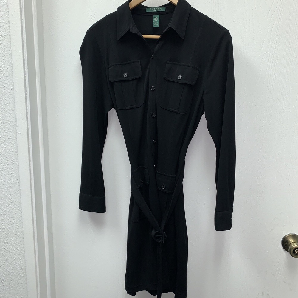LAUREN RALPH LAUREN BLACK‎ BELTED SHIRT DRESS SZ P/L Long Sleeve Work Cocktail